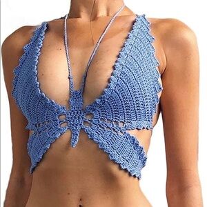 Butterfly Sky Blue Crochet Halter Top – One Size